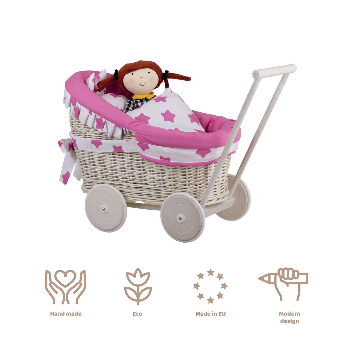 Luna wiklinowy wózek dla lalek z różowym obszyciem, kołderką i poduszką TheWickerStories