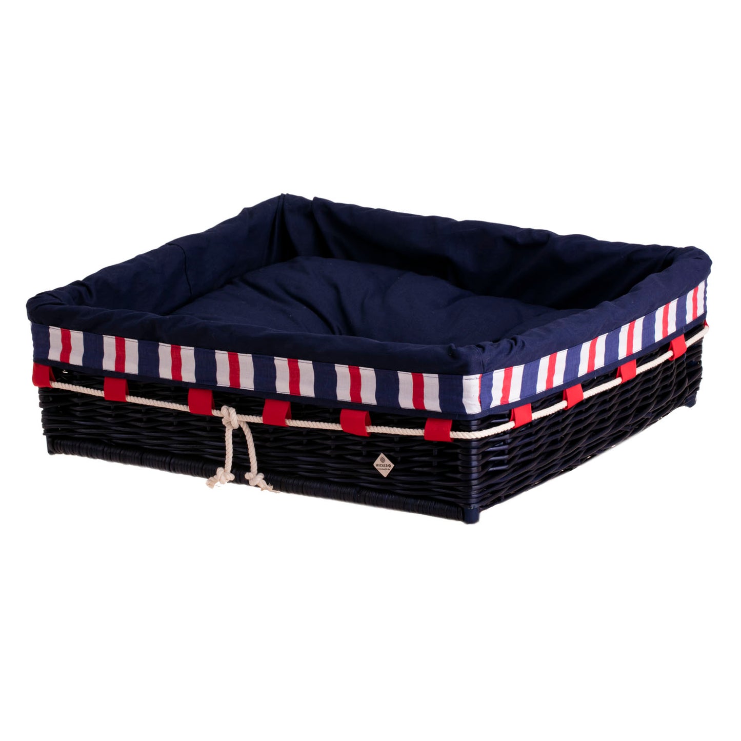 Epimoria wiklinowy kosz dla psa i kota z granatowym obszyciem, z wyjmowaną poduszką TheWickerStories