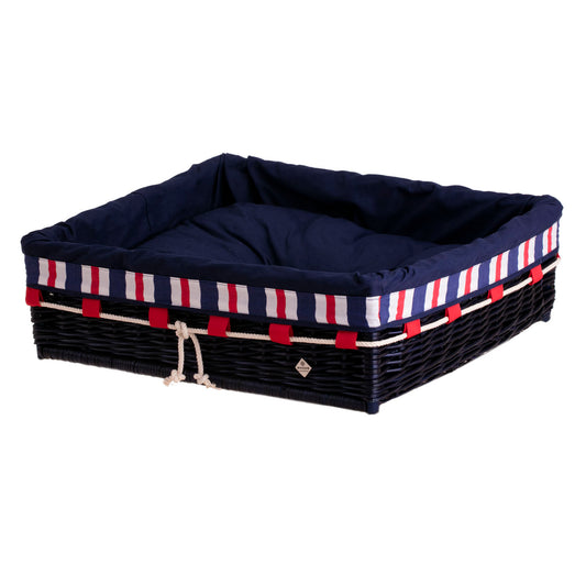 Epimoria wiklinowy kosz dla psa i kota z granatowym obszyciem, z wyjmowaną poduszką TheWickerStories