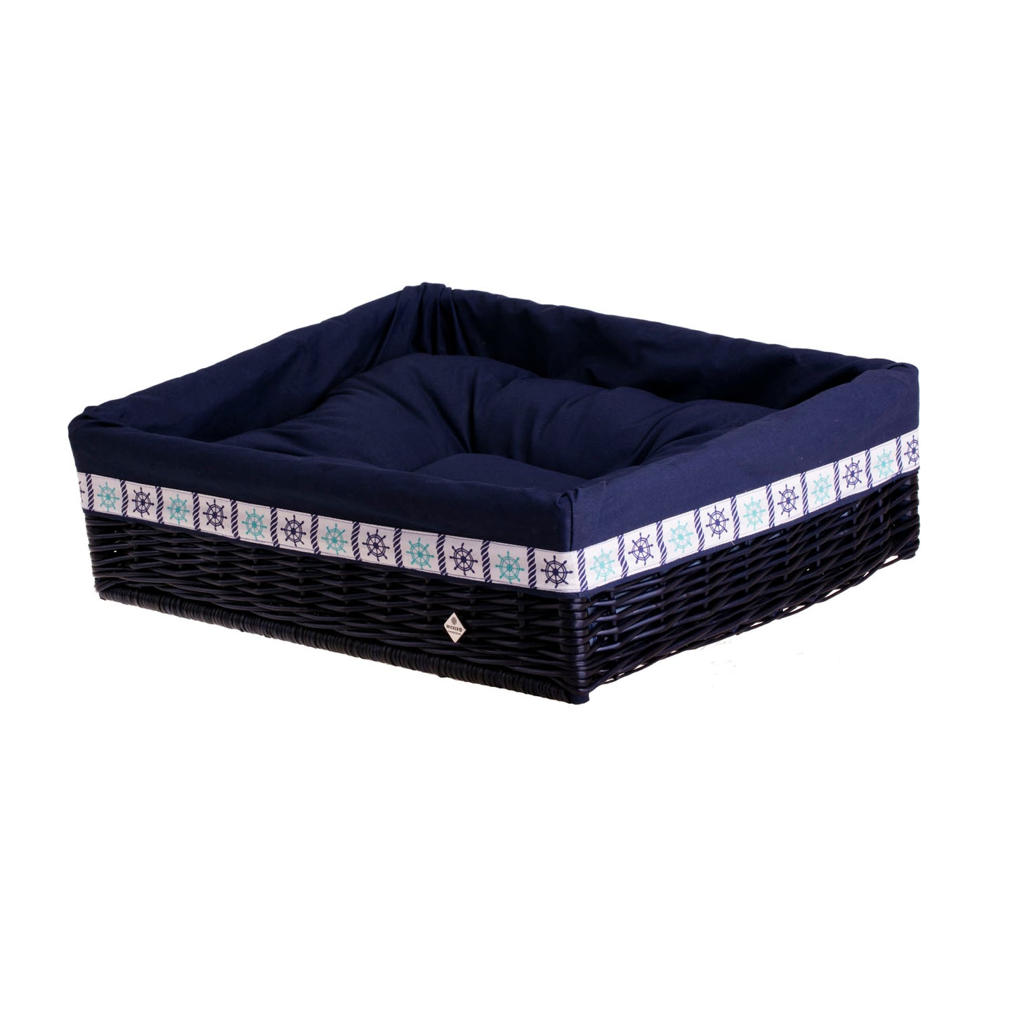 Epimoria wiklinowy kosz dla psa i kota z granatowym obszyciem, z miękką poduszką TheWickerStories