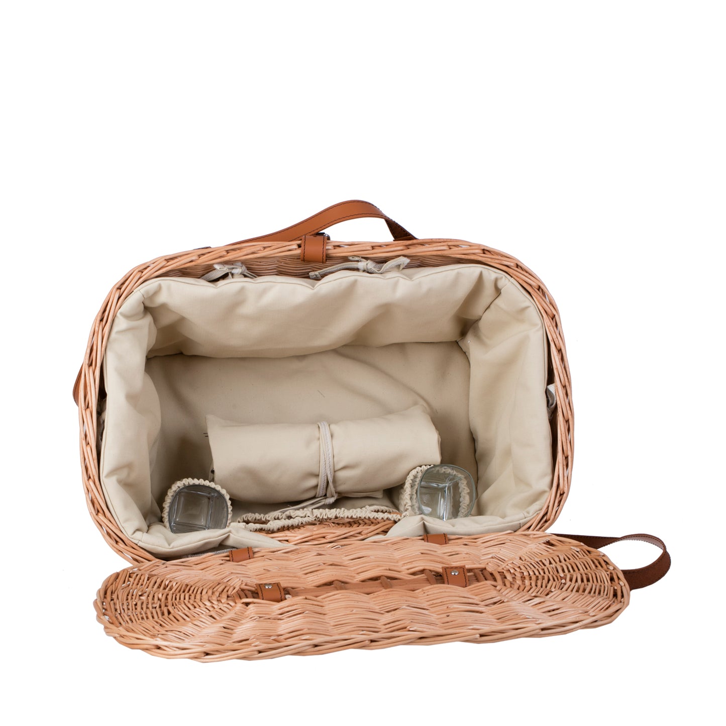 Kivara wiklinowy kosz piknikowy XXL z pokrywą i skórzanymi paskami TheWickerStories