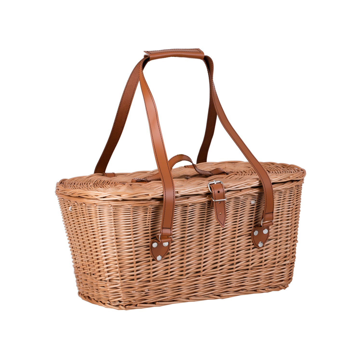 Kivara wiklinowy kosz piknikowy XXL z pokrywą i skórzanymi paskami TheWickerStories