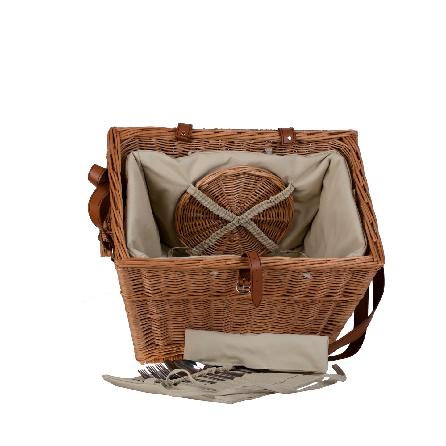 Kaviria wiklinowy kosz piknikowy z pokrywą i skórzanymi paskami TheWickerStories