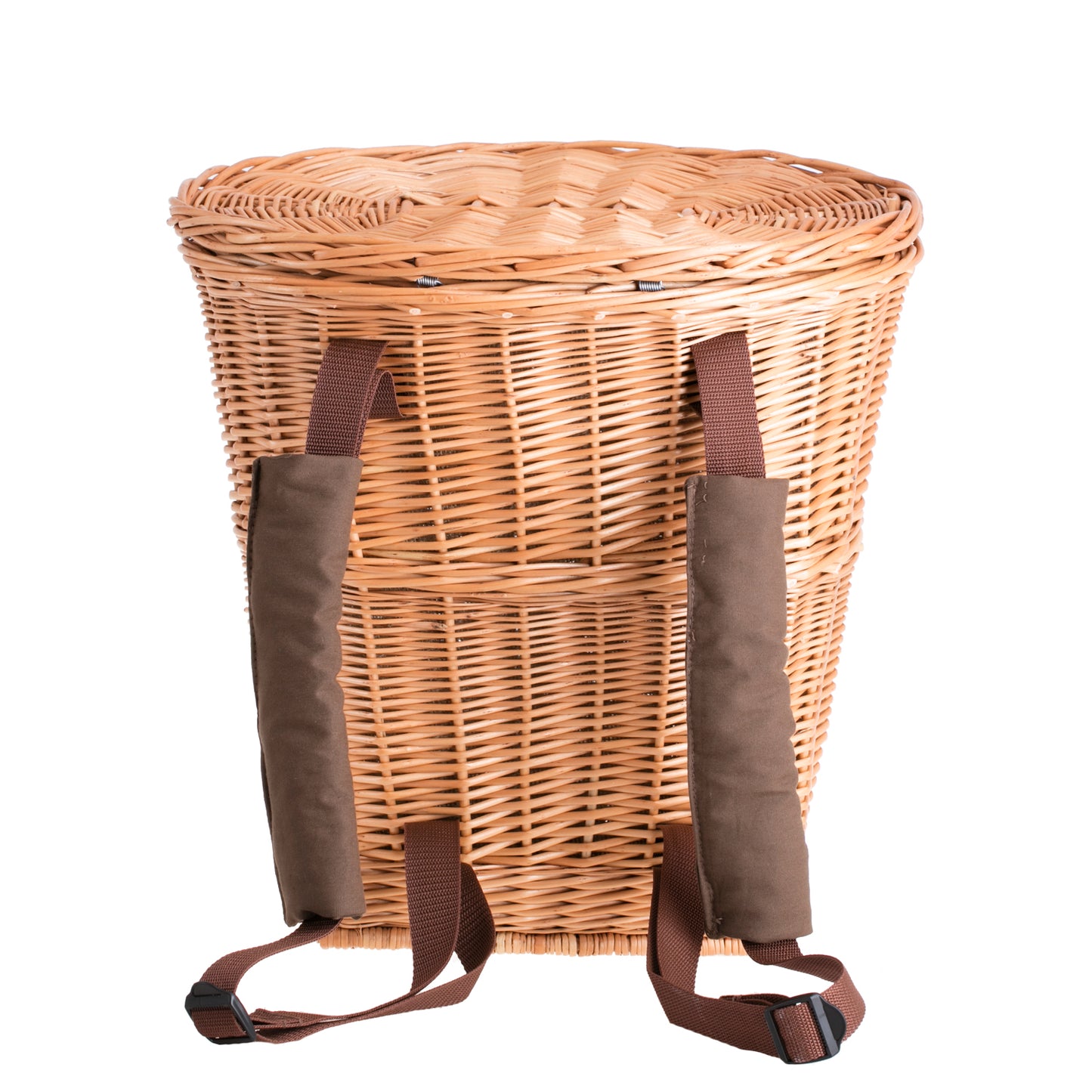 Sirellius wiklinowy plecak z brązowym obszyciem, paskami i wiekiem TheWickerStories