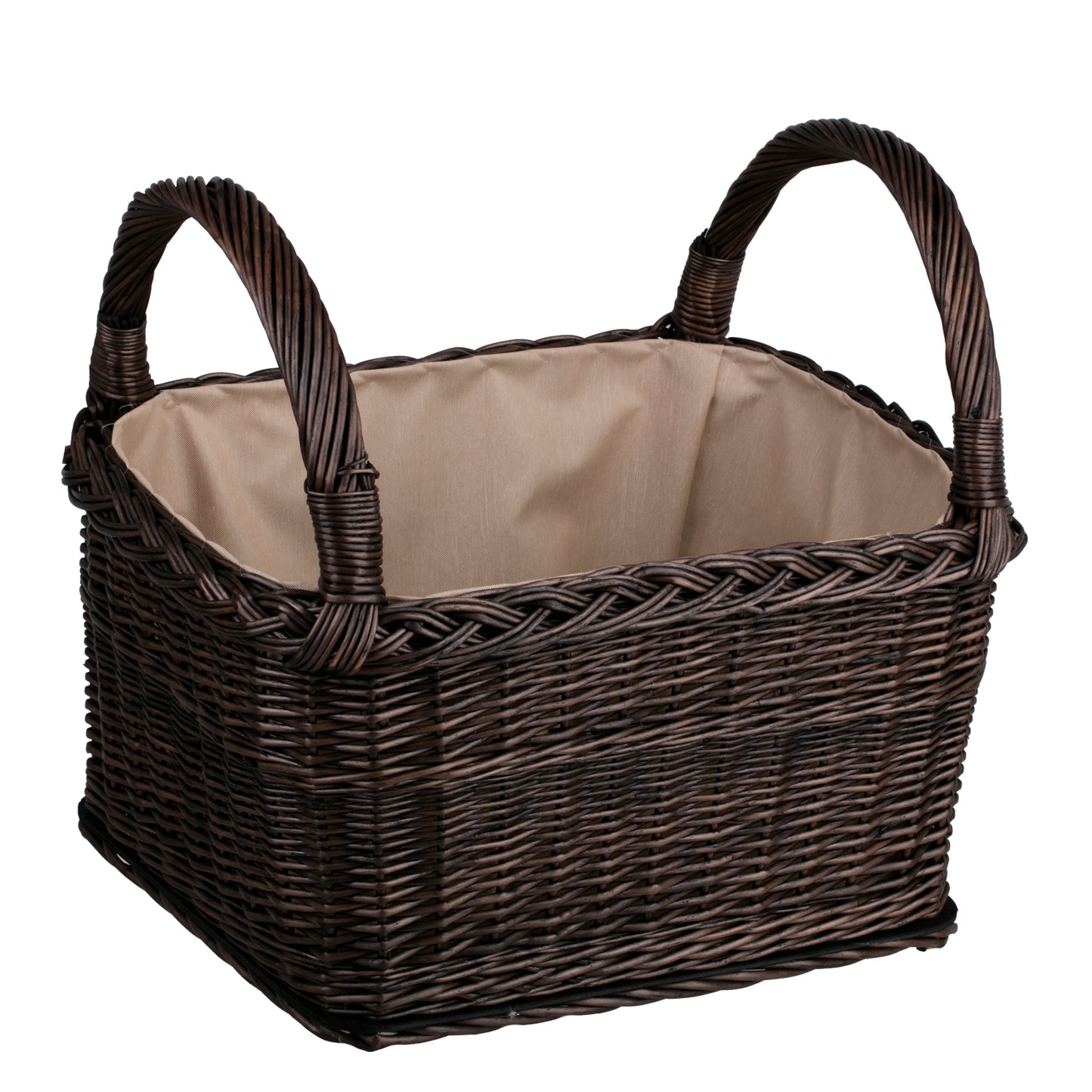 Fioras wiklinowy kosz na drewno kominkowe z beżowym obszyciem, z uchwytami TheWickerStories