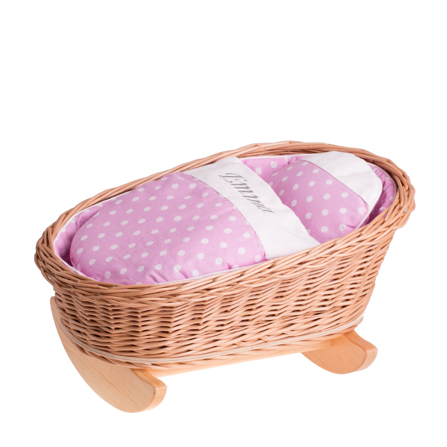 Mimi wiklinowa kołyska dla lalek z personalizacją, różowym obszyciem, poduszką i kołderką TheWickerStories