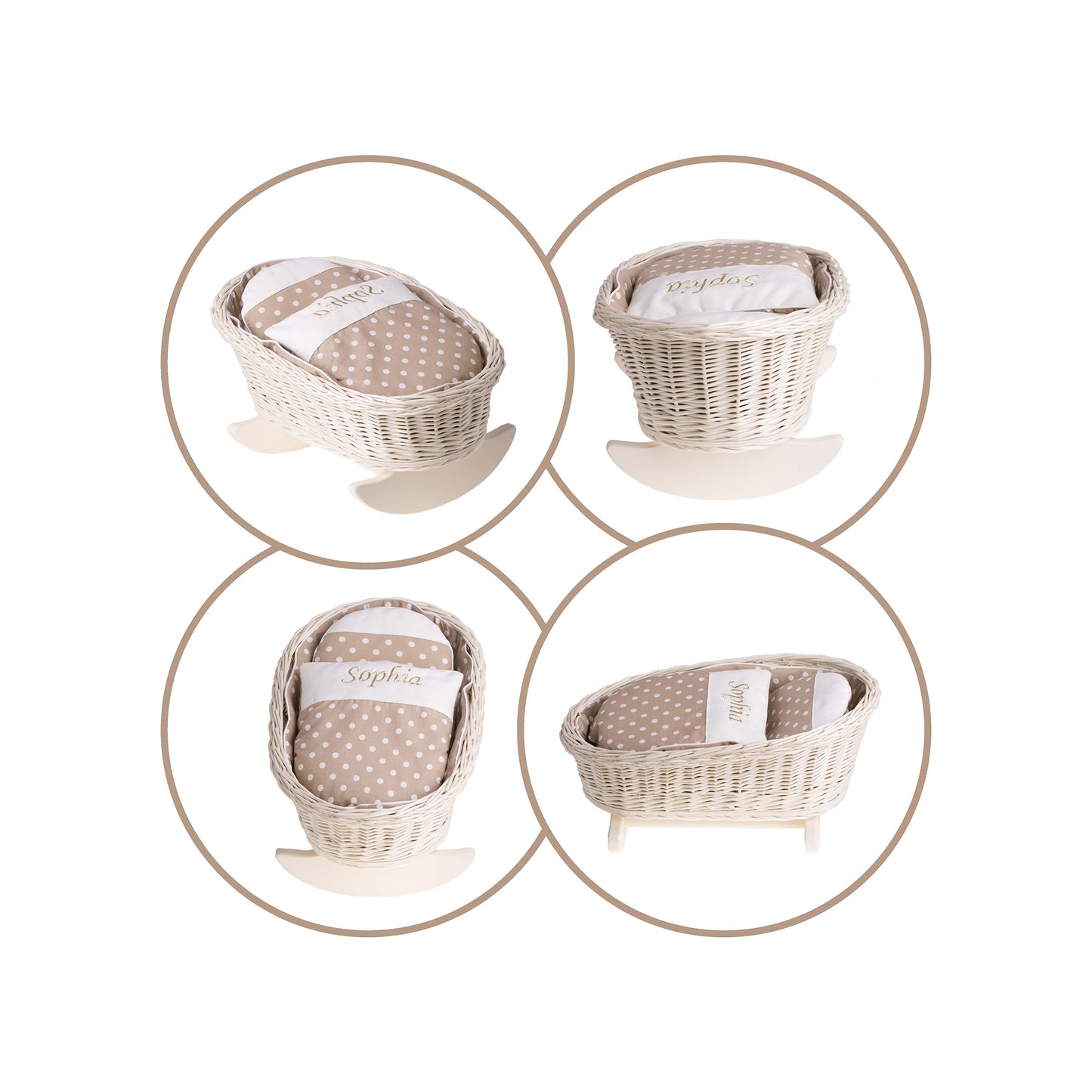 Mimi wiklinowa kołyska dla lalek z personalizacją, beżowym obszyciem, poduszką i kołderką TheWickerStories