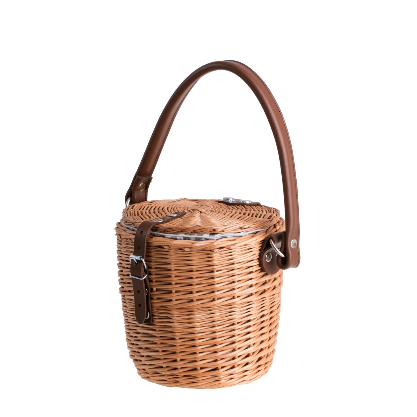 Rivora wiklinowy koszyk na ramię z materiałowym obszyciem, z pokrywą i skórzanym paskiem TheWickerStories