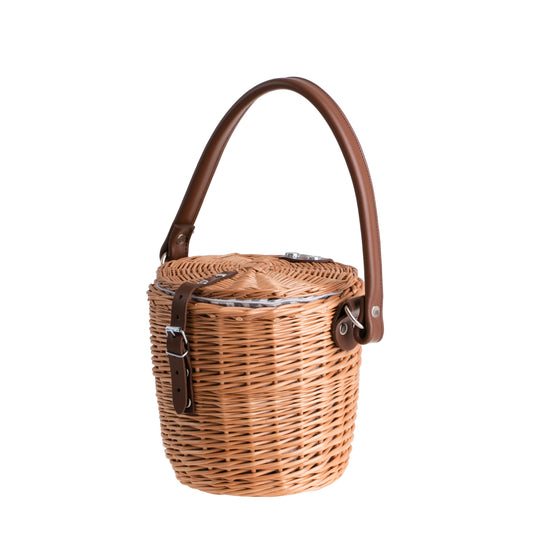 Rivora wiklinowy koszyk na ramię z materiałowym obszyciem, z pokrywą i skórzanym paskiem TheWickerStories