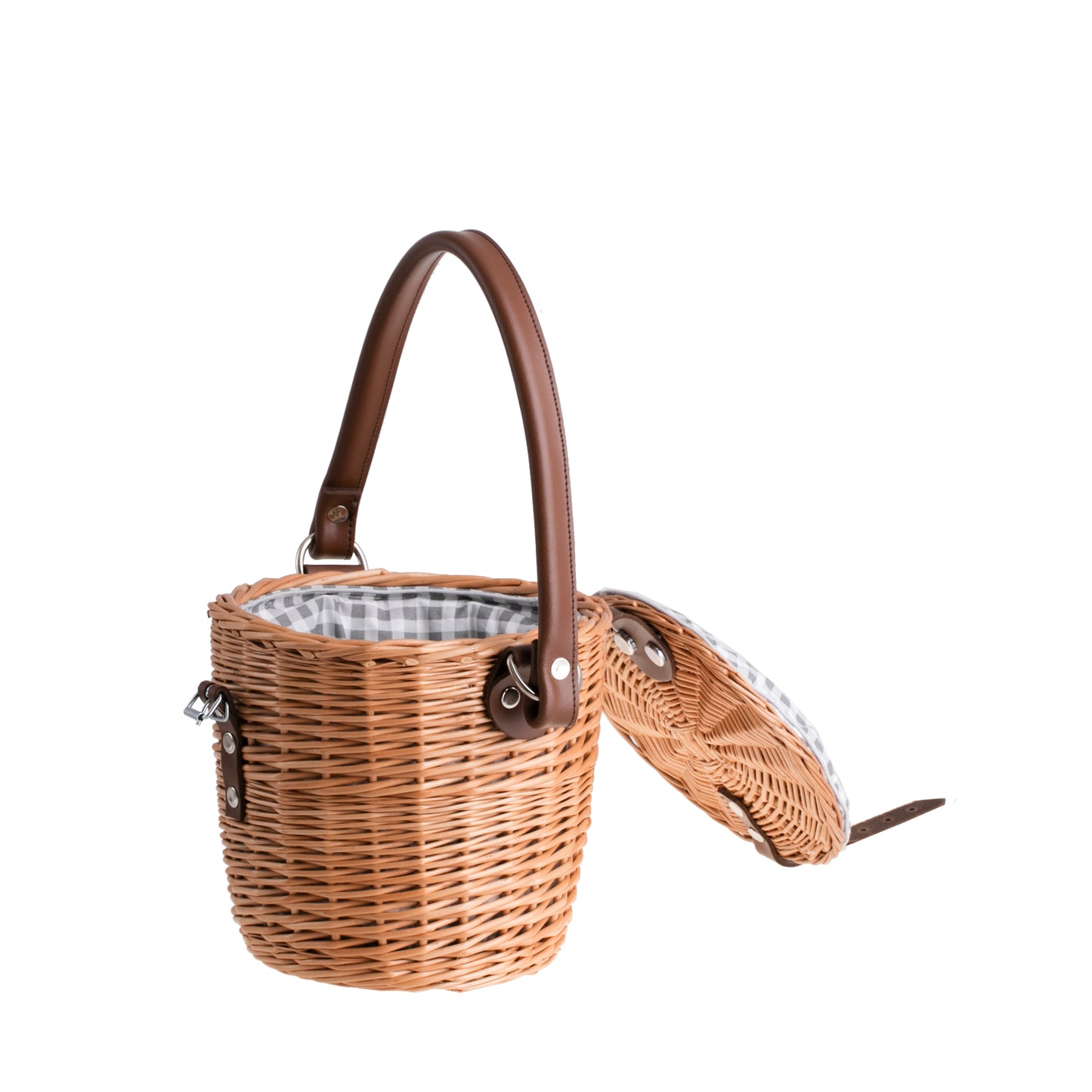 Rivora wiklinowy koszyk na ramię z materiałowym obszyciem, z pokrywą i skórzanym paskiem TheWickerStories
