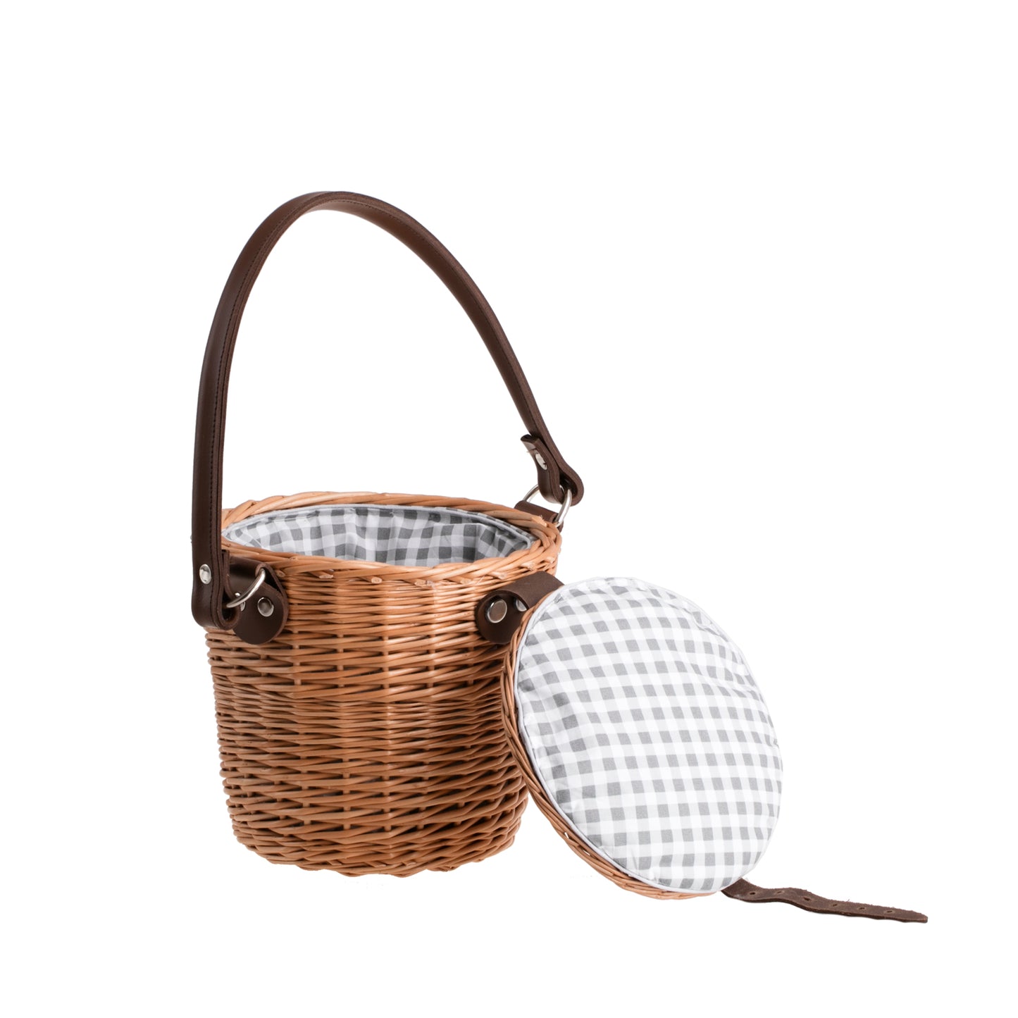 Rivora wiklinowy koszyk na ramię z materiałowym obszyciem, z pokrywą i skórzanym paskiem TheWickerStories