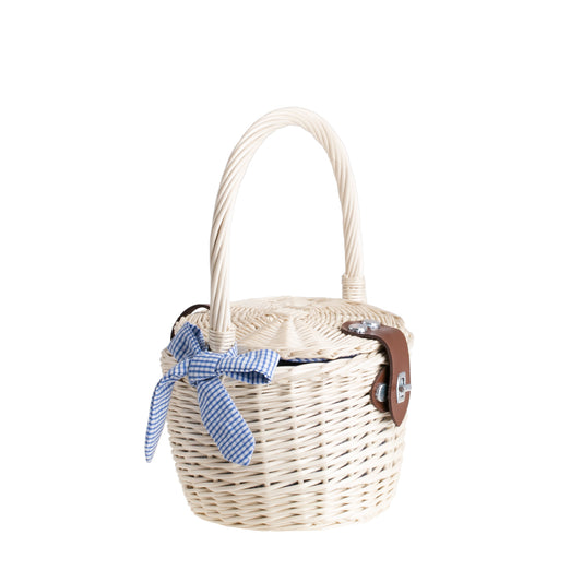 Rivora wiklinowa torebka na plażę i zakupy z niebieskim obszyciem, z pokrywą i rączką TheWickerStories