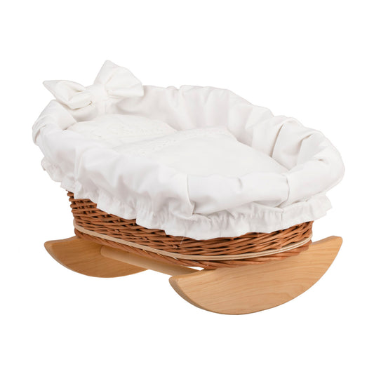 Mimi wiklinowa kołyska dla lalek z białym obszyciem, poduszką i kołderką TheWickerStories