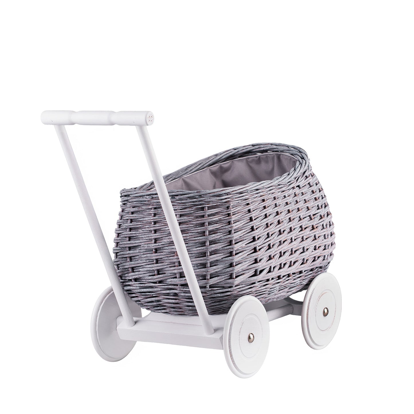 Luke wiklinowy wózek pchacz z szarym obszyciem i poduszką TheWickerStories