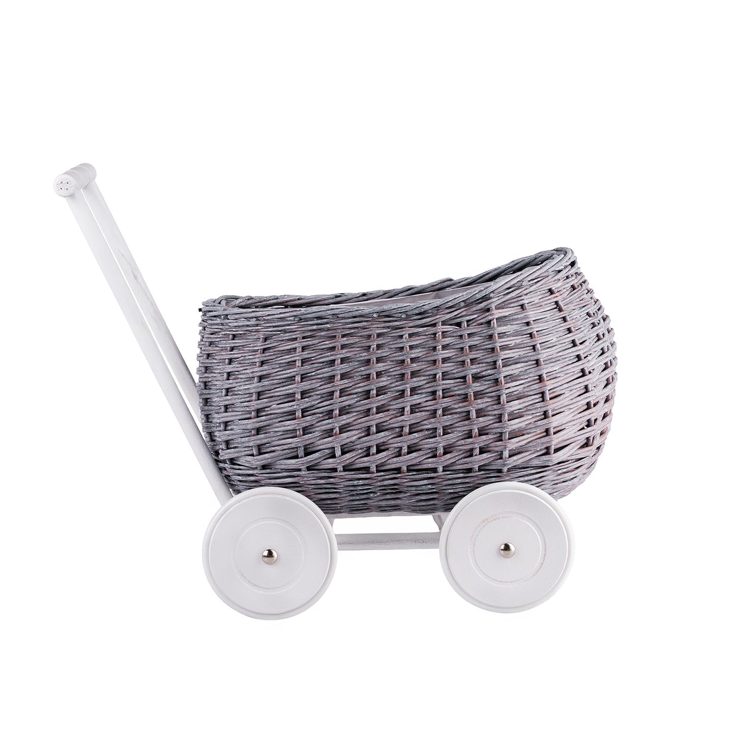 Luke wiklinowy wózek pchacz z szarym obszyciem i poduszką TheWickerStories