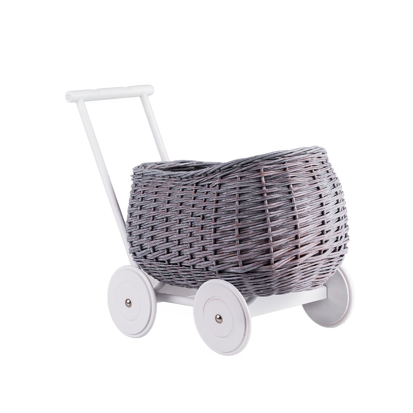 Luke wiklinowy wózek pchacz z szarym obszyciem i poduszką TheWickerStories