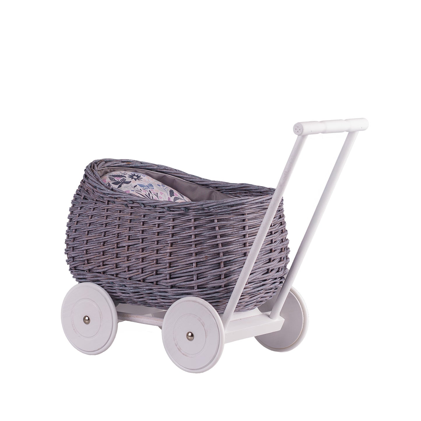 Luke wiklinowy wózek pchacz z szarym obszyciem i poduszką TheWickerStories