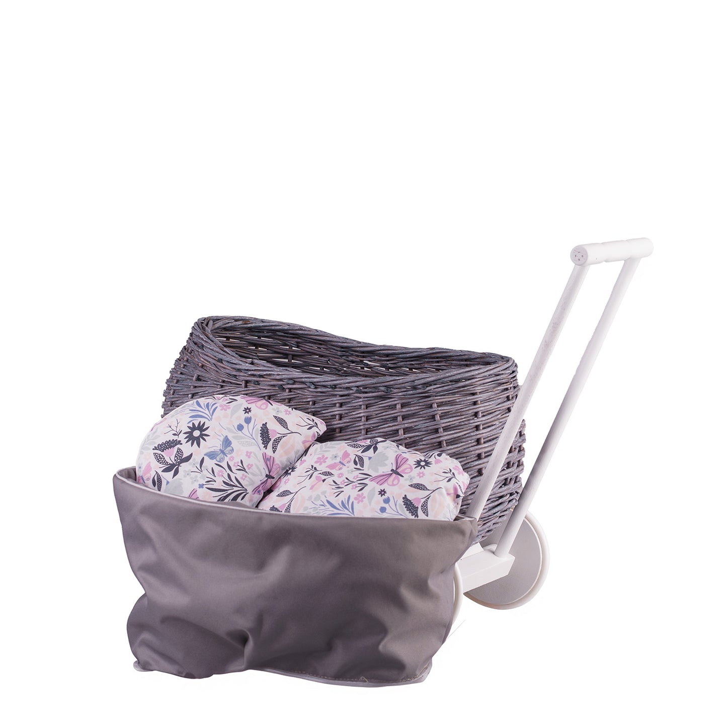 Luke wiklinowy wózek pchacz z szarym obszyciem i poduszką TheWickerStories