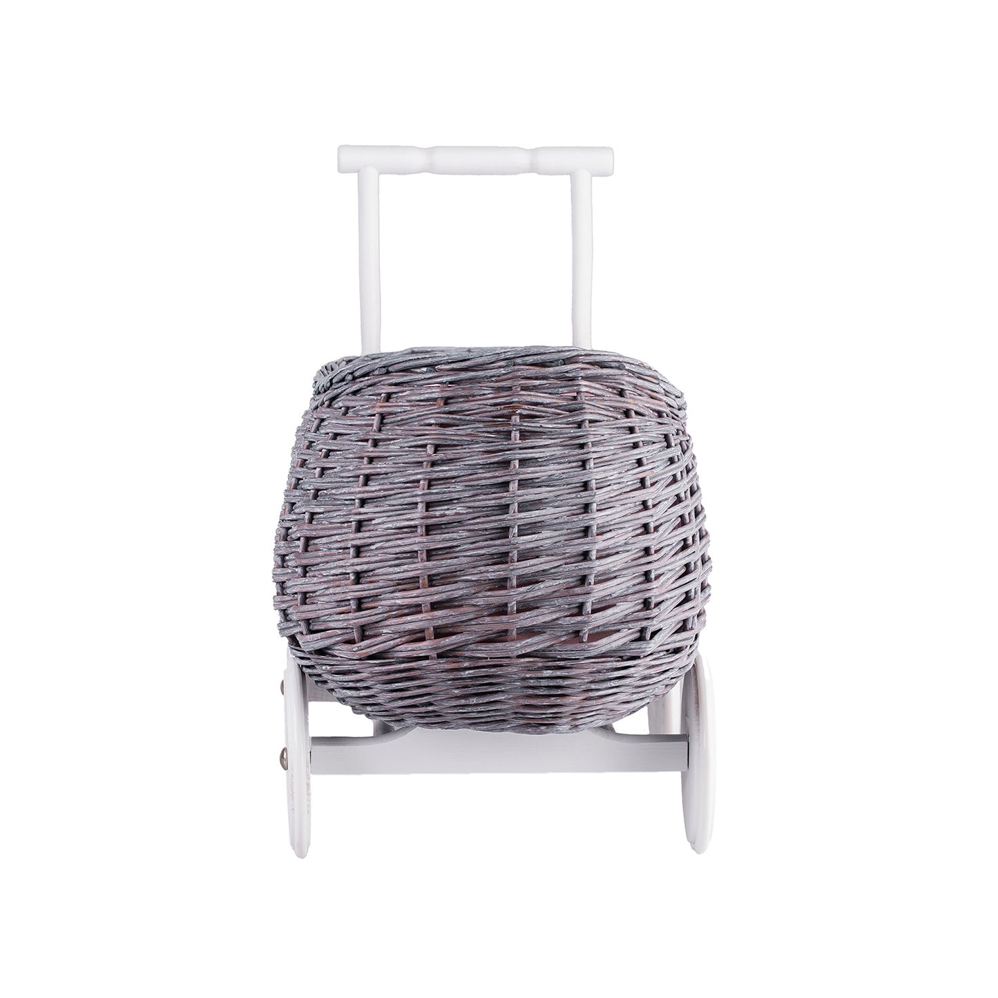 Luke wiklinowy wózek pchacz z szarym obszyciem i poduszką TheWickerStories
