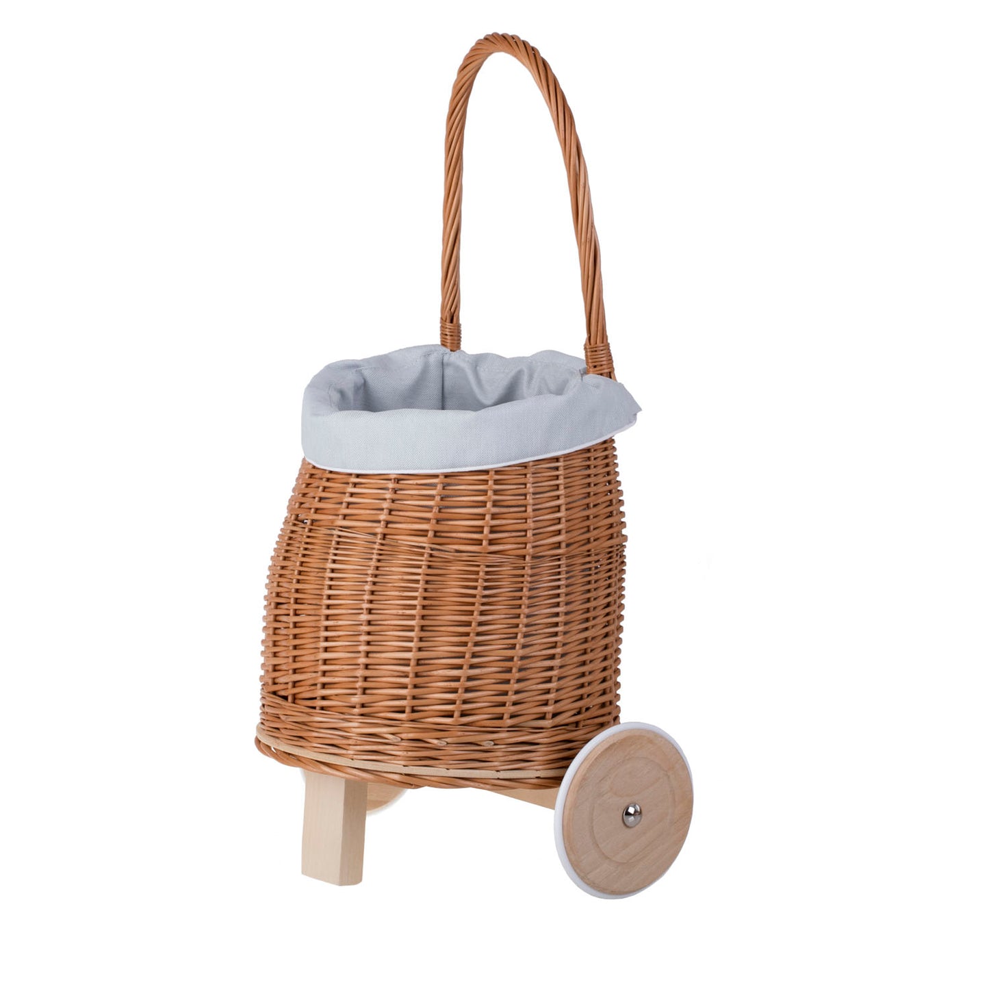Luke wiklinowy wózek dla lalek z błękitnym obszyciem, z rączką i drewnianymi kołami TheWickerStories