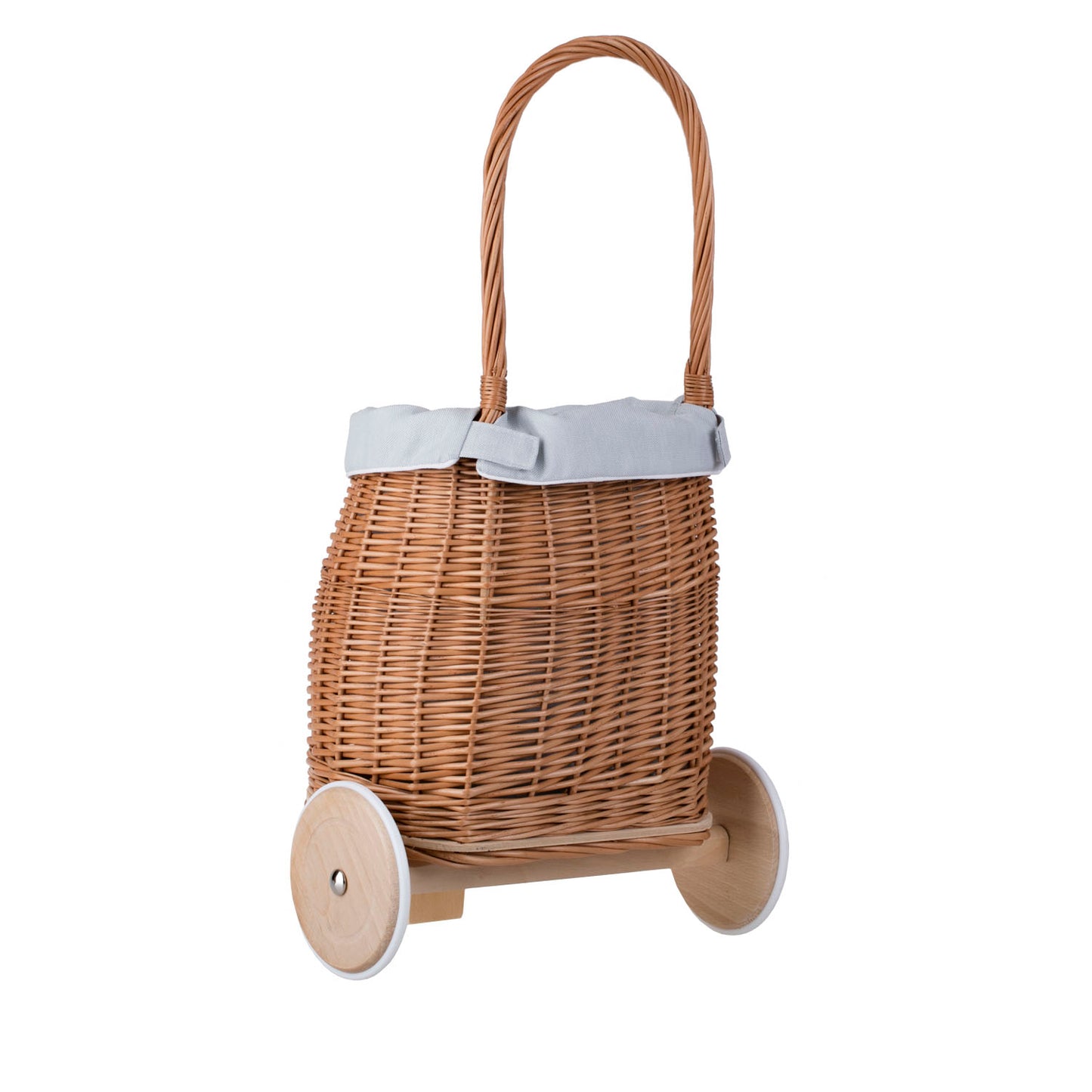 Luke wiklinowy wózek dla lalek z błękitnym obszyciem, z rączką i drewnianymi kołami TheWickerStories