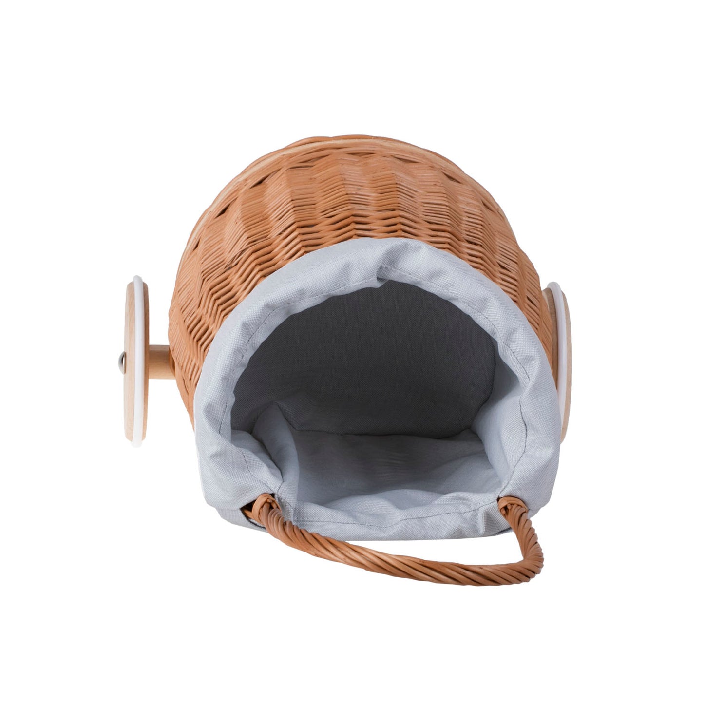 Luke wiklinowy wózek dla lalek z błękitnym obszyciem, z rączką i drewnianymi kołami TheWickerStories