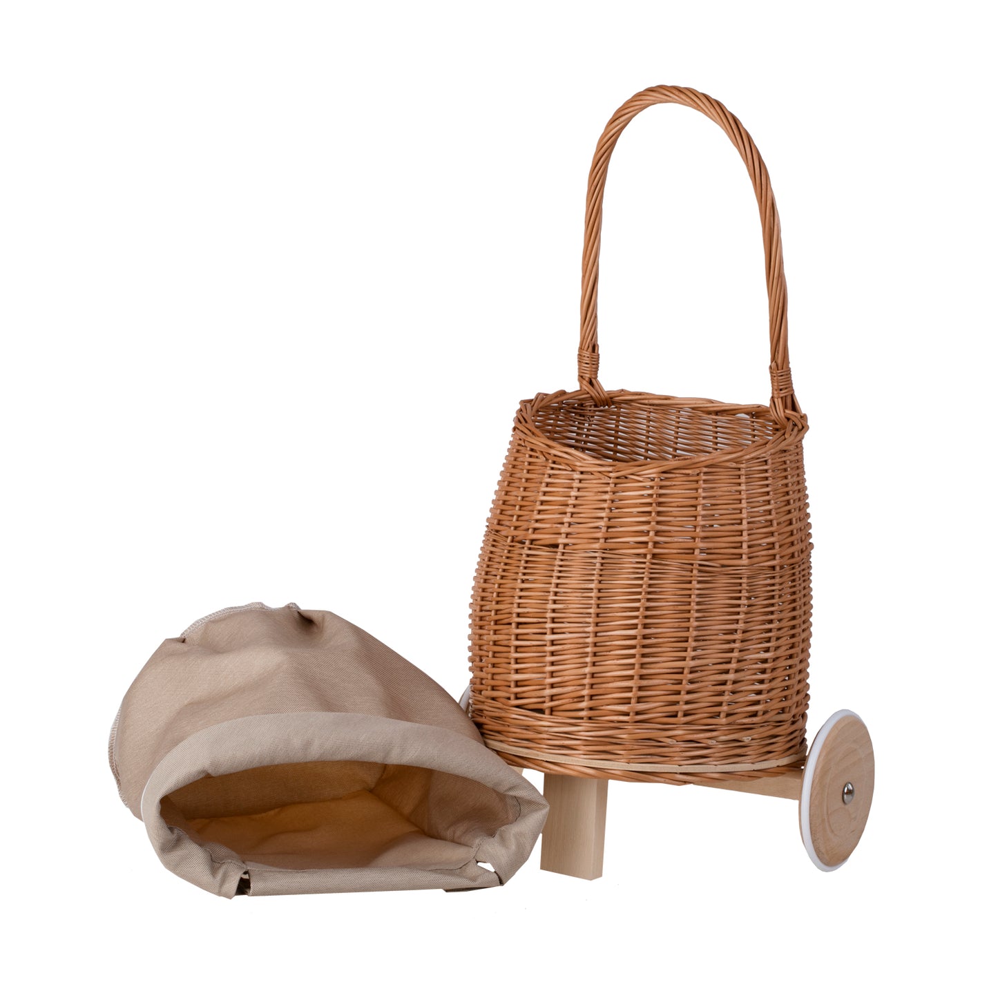 Luke wiklinowy wózek dla lalek z beżowym obszyciem, rączką i drewnianymi kołami TheWickerStories