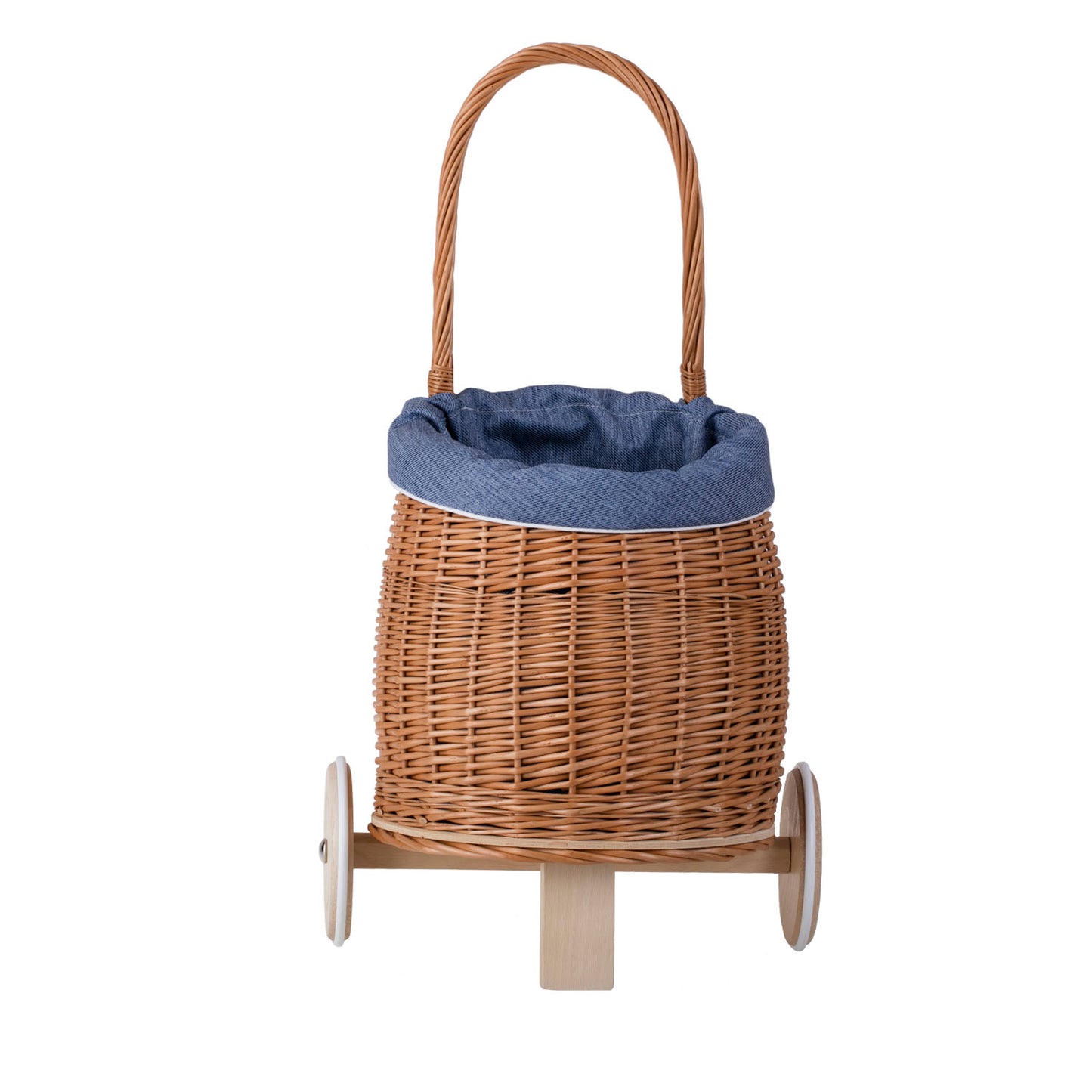Luke wiklinowy wózek dla dzieci z niebieskim obszyciem, z rączką i drewnianymi kołami TheWickerStories