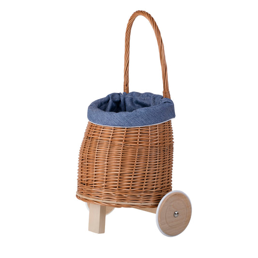Luke wiklinowy wózek dla dzieci z niebieskim obszyciem, z rączką i drewnianymi kołami TheWickerStories