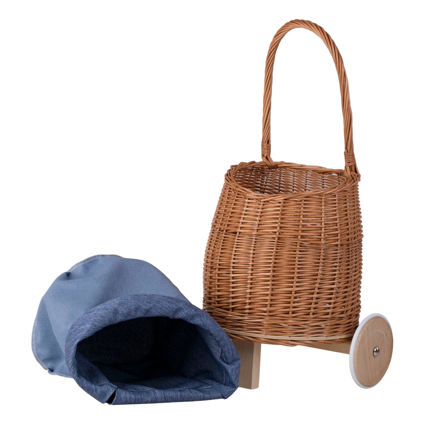 Luke wiklinowy wózek dla dzieci z niebieskim obszyciem, z rączką i drewnianymi kołami TheWickerStories
