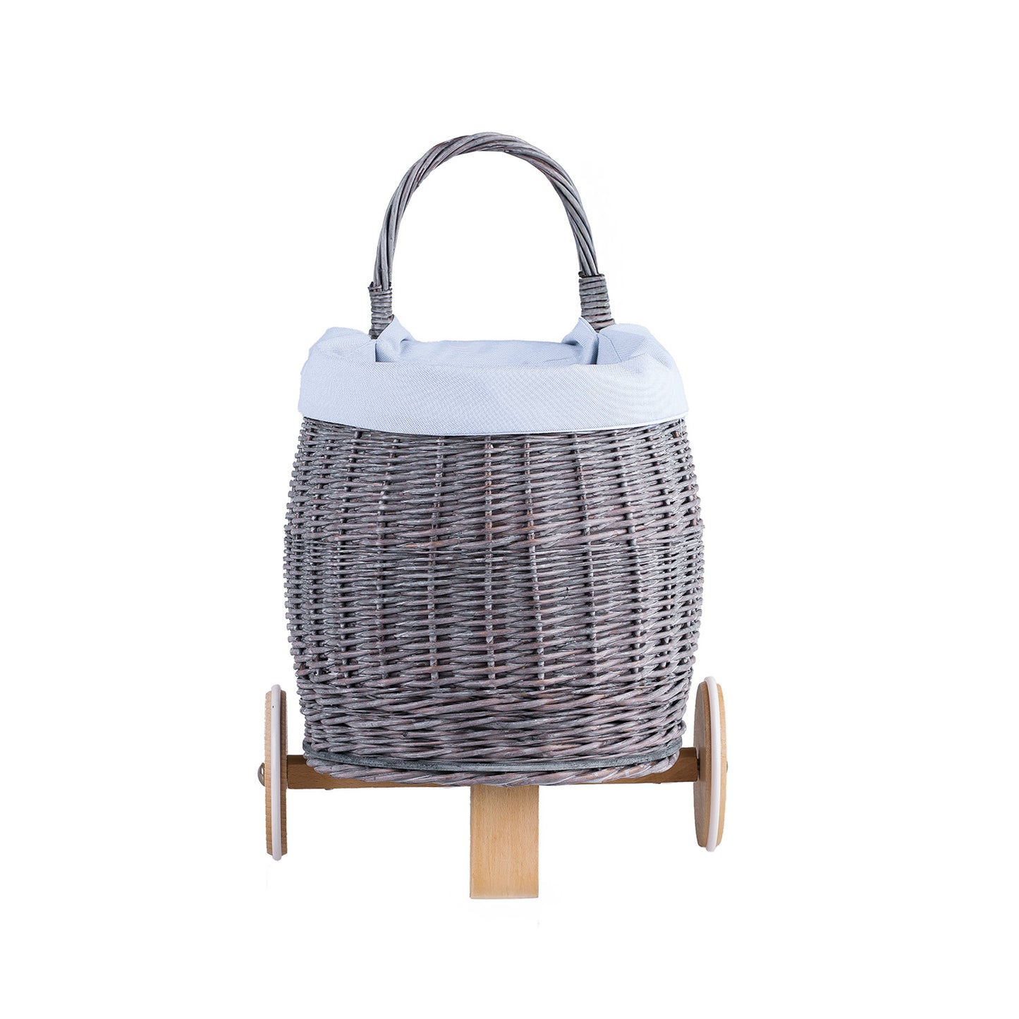 Luke wiklinowy wózek dla lalek i zabawek z błękitnym obszyciem, z rączką i drewnianymi kołami TheWickerStories
