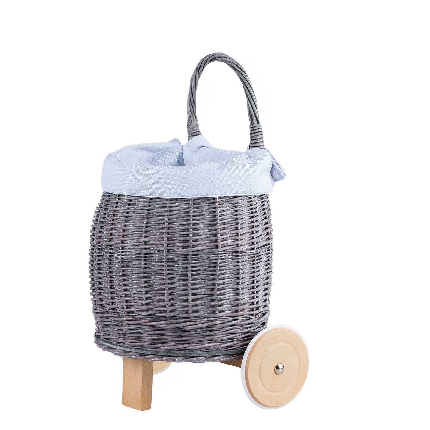 Luke wiklinowy wózek dla lalek i zabawek z błękitnym obszyciem, z rączką i drewnianymi kołami TheWickerStories