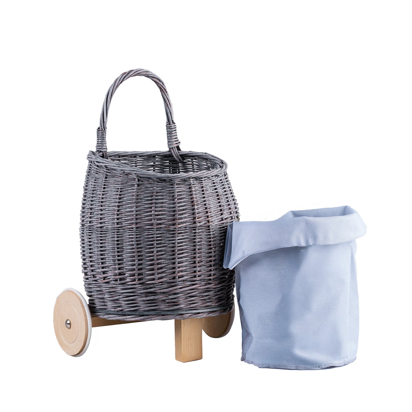 Luke wiklinowy wózek dla lalek i zabawek z błękitnym obszyciem, z rączką i drewnianymi kołami TheWickerStories