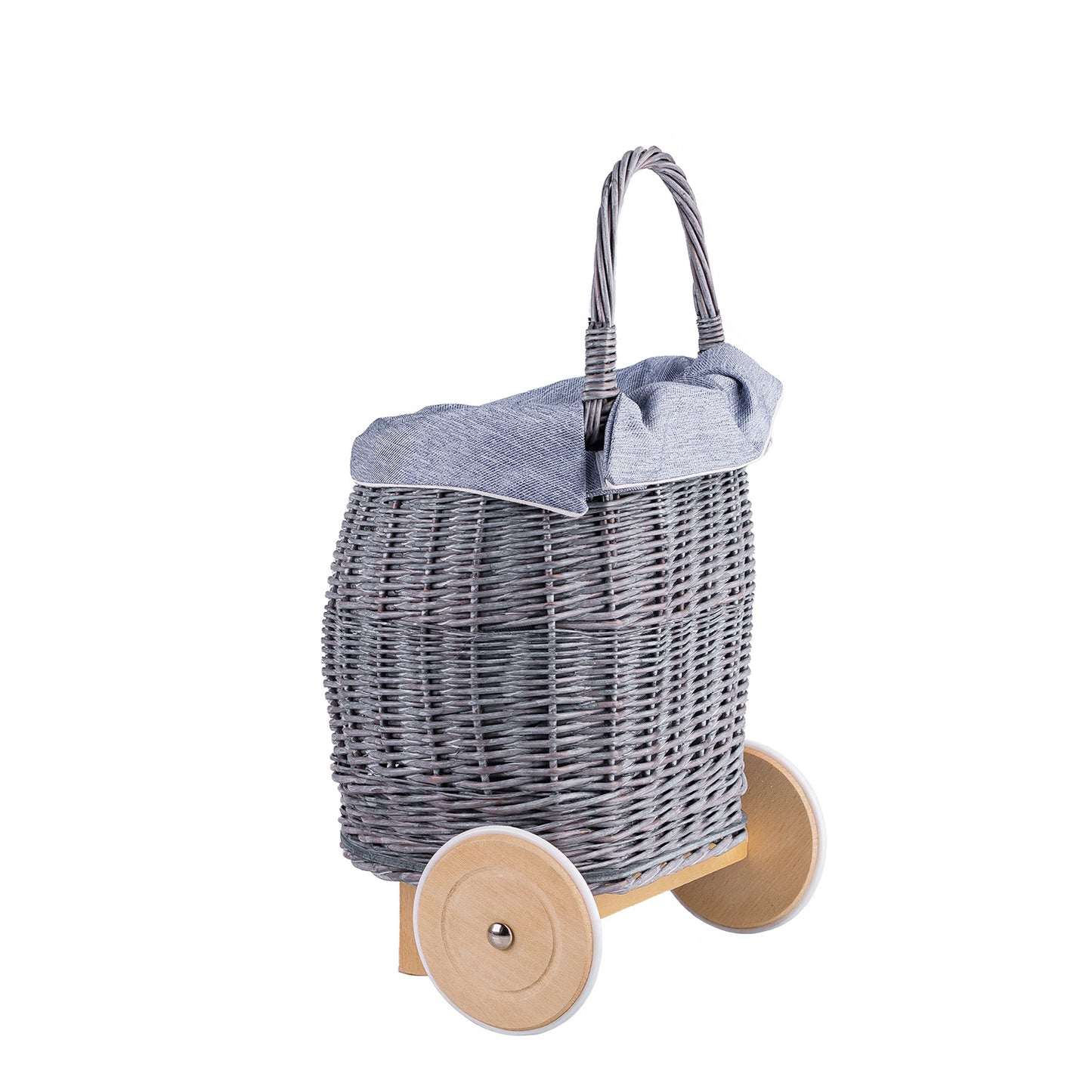 Luke wiklinowy wózek dla lalek z niebieskim obszyciem, drewnianymi kołami i uchwytem TheWickerStories