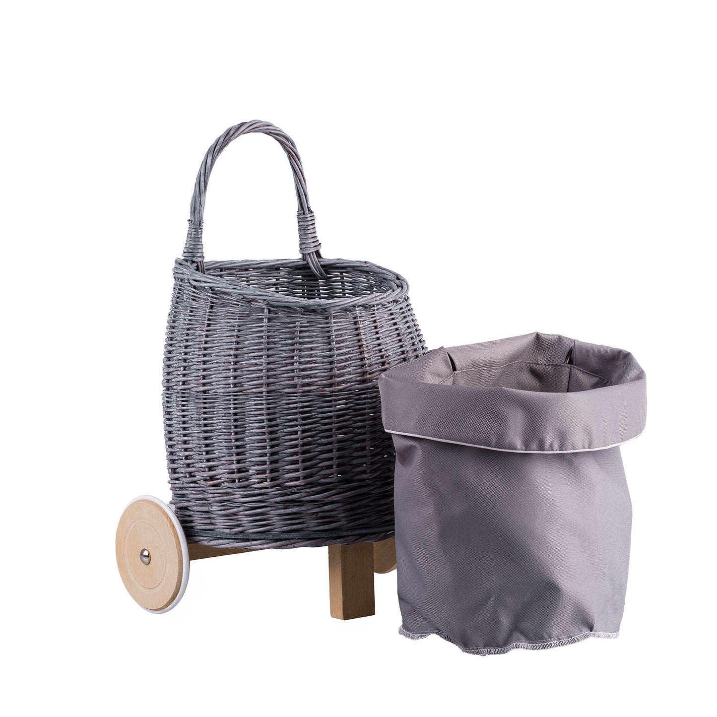 Luke wiklinowy wózek dla dzieci z szarym obszyciem, z rączką i drewnianymi kołami TheWickerStories