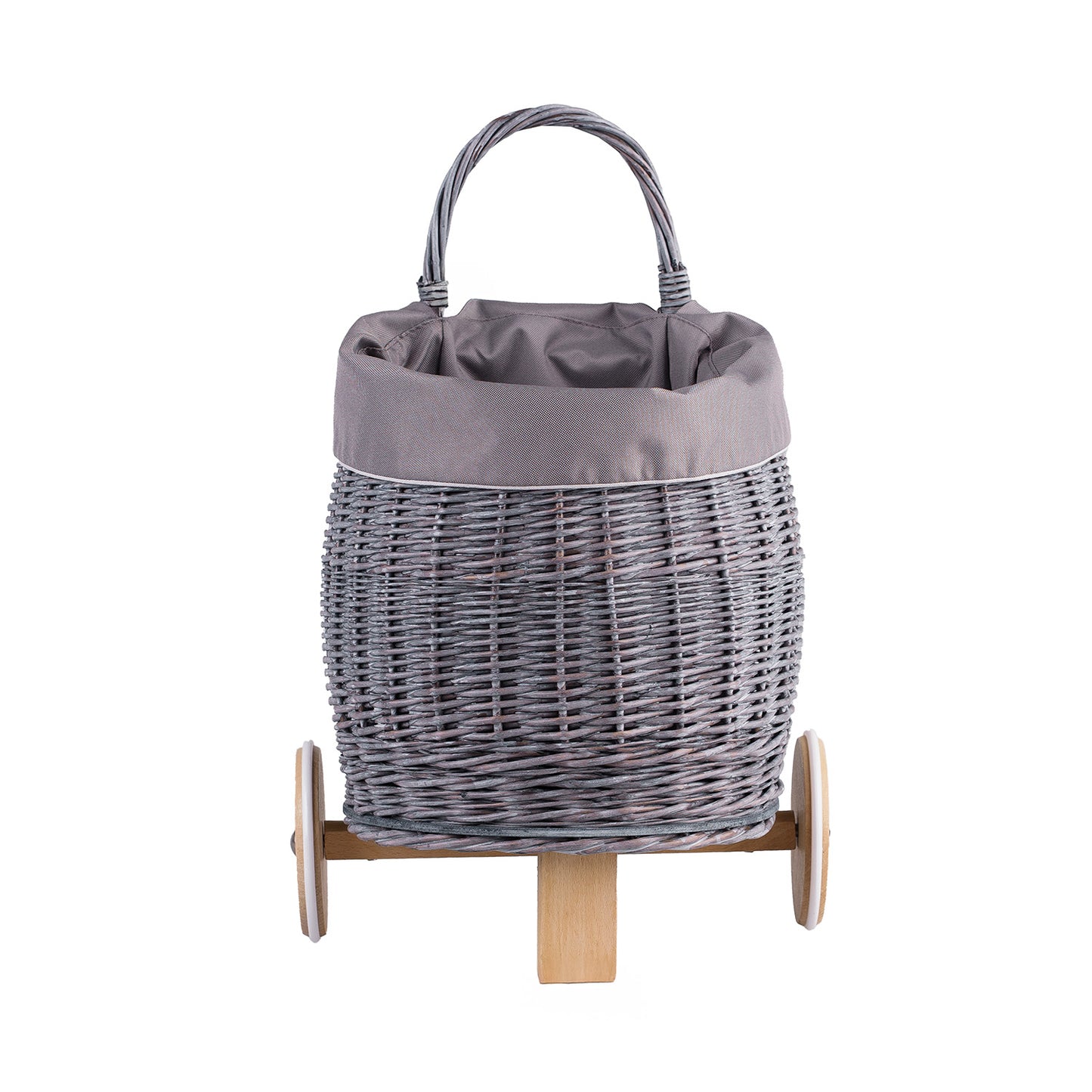 Luke wiklinowy wózek dla dzieci z szarym obszyciem, z rączką i drewnianymi kołami TheWickerStories