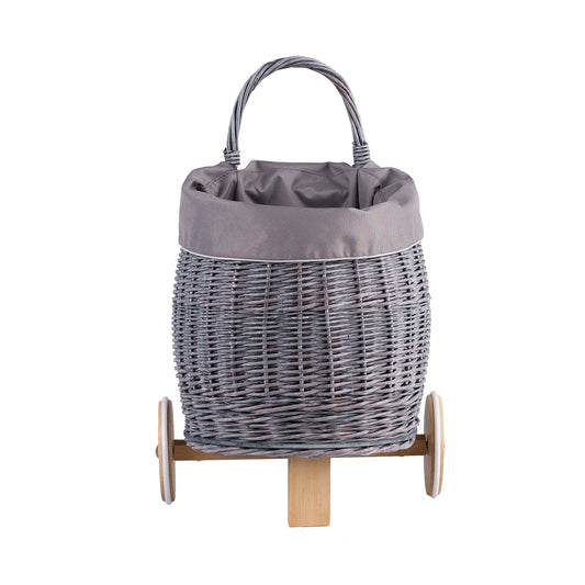 Luke wiklinowy wózek dla dzieci z szarym obszyciem, z rączką i drewnianymi kołami TheWickerStories