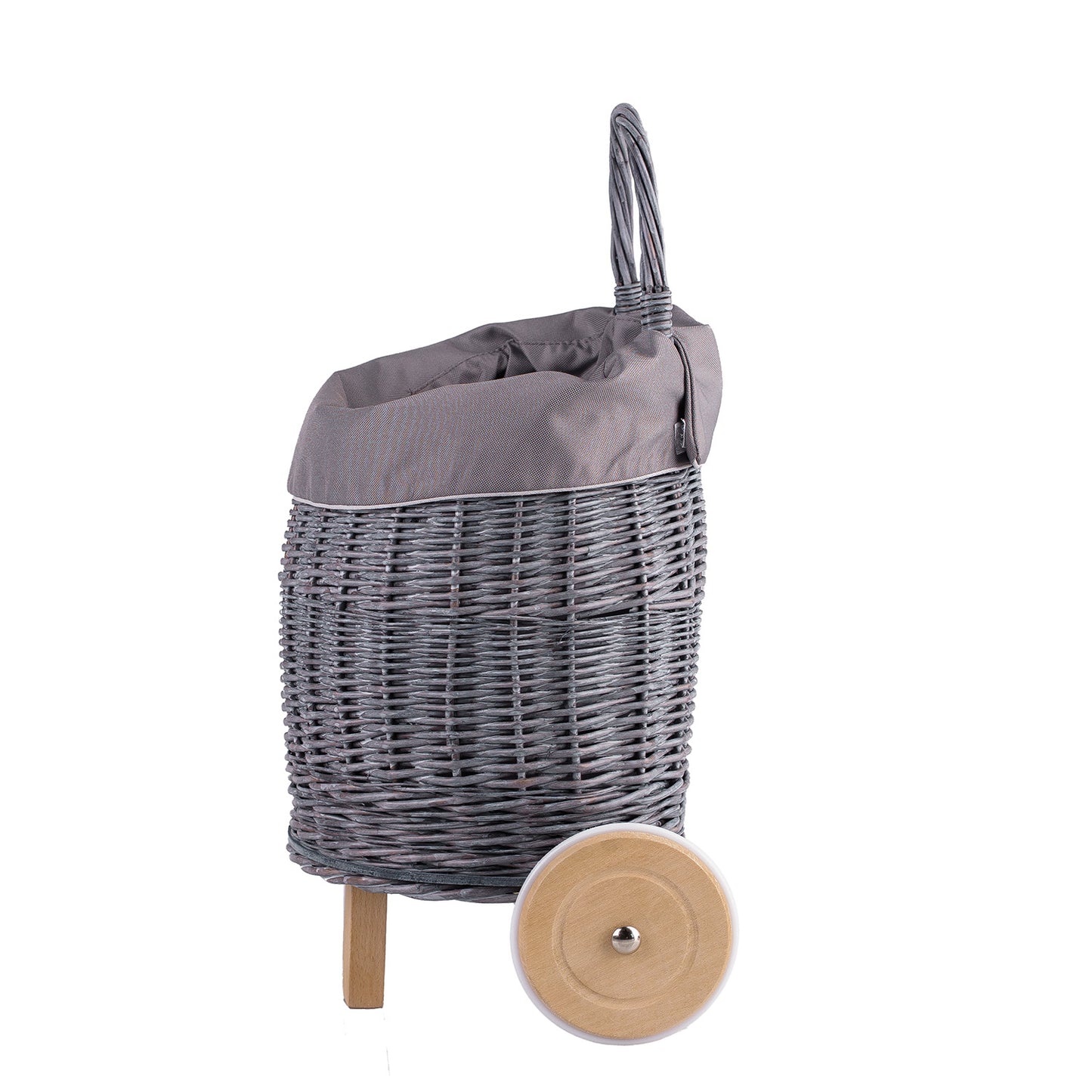 Luke wiklinowy wózek dla dzieci z szarym obszyciem, z rączką i drewnianymi kołami TheWickerStories
