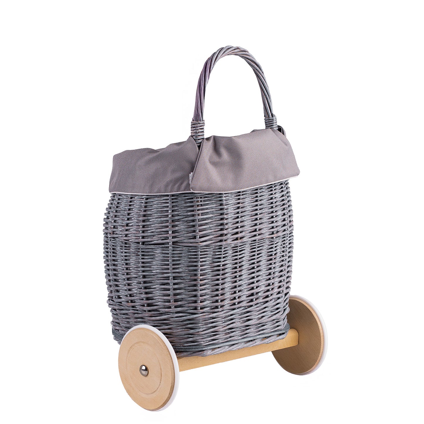 Luke wiklinowy wózek dla dzieci z szarym obszyciem, z rączką i drewnianymi kołami TheWickerStories