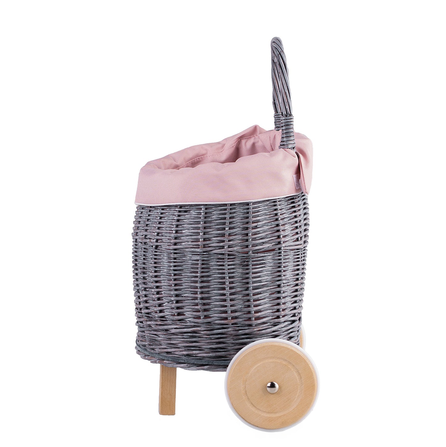 Luke wiklinowy wózek dla lalek z różowym obszyciem, z uchwytem i drewnianymi kołami TheWickerStories