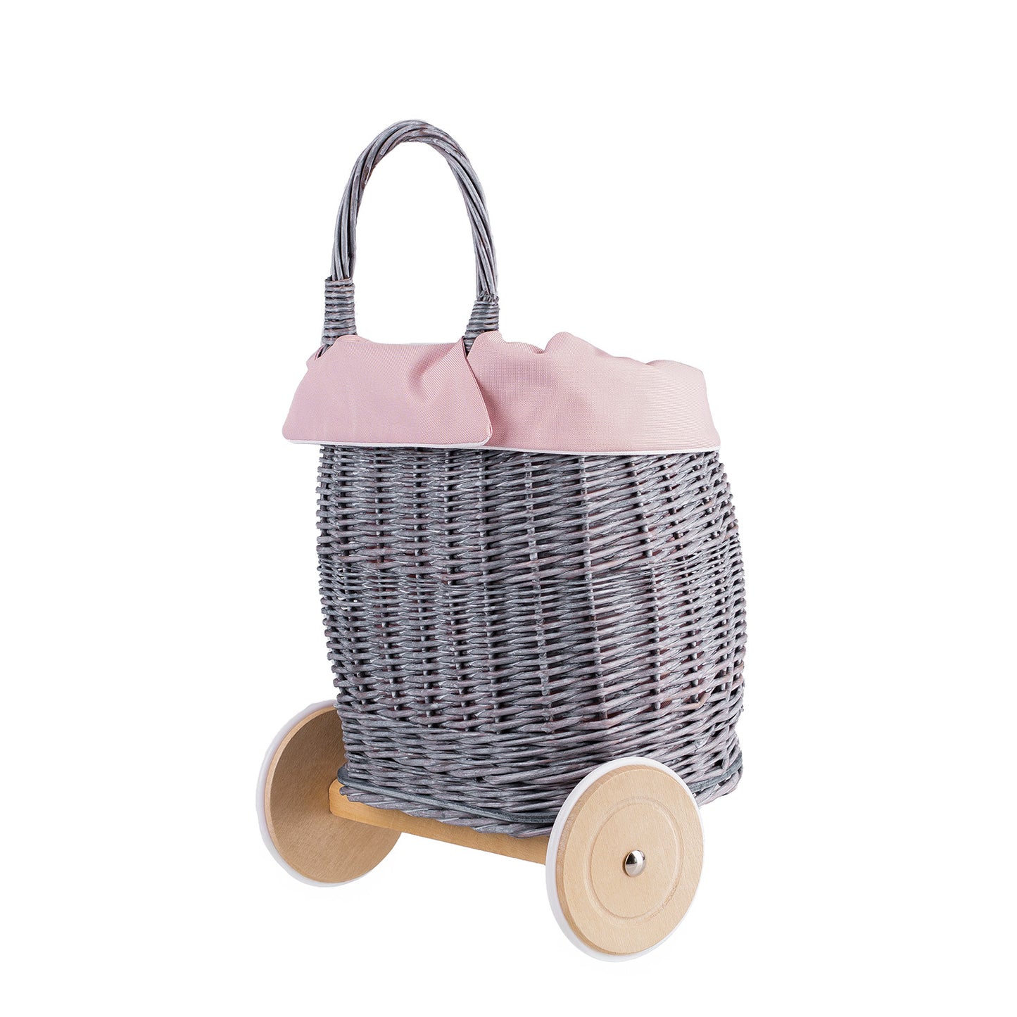 Luke wiklinowy wózek dla lalek z różowym obszyciem, z uchwytem i drewnianymi kołami TheWickerStories