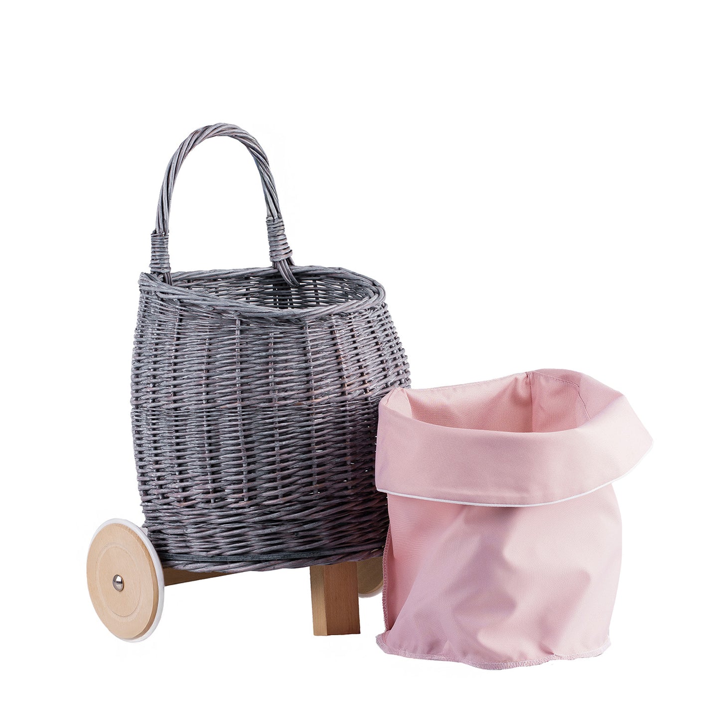 Luke wiklinowy wózek dla lalek z różowym obszyciem, z uchwytem i drewnianymi kołami TheWickerStories