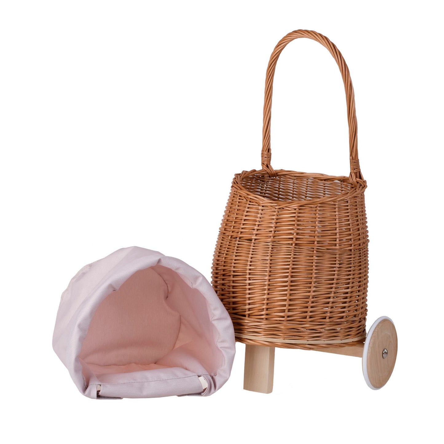 Luke wiklinowy wózek dla dzieci z różowym obszyciem, z rączką i drewnianymi kołami TheWickerStories