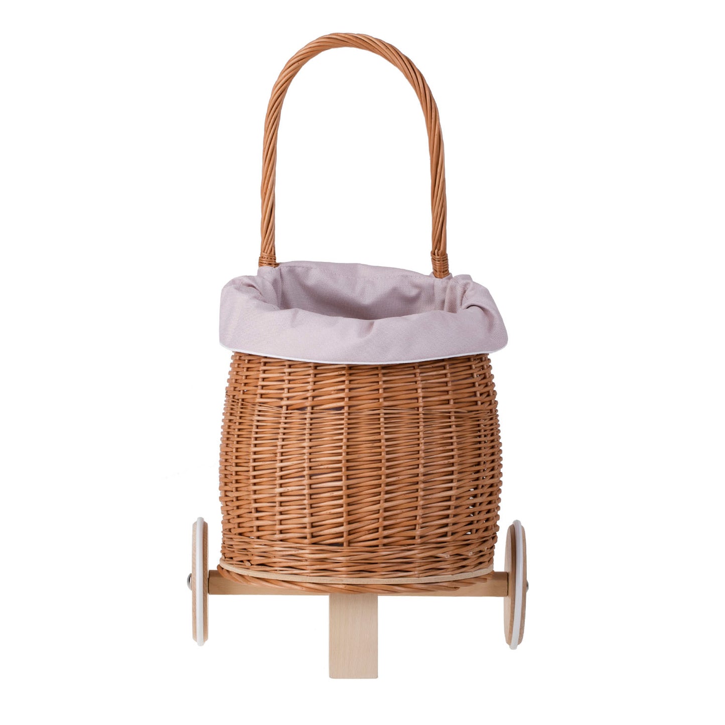 Luke wiklinowy wózek dla dzieci z różowym obszyciem, z rączką i drewnianymi kołami TheWickerStories