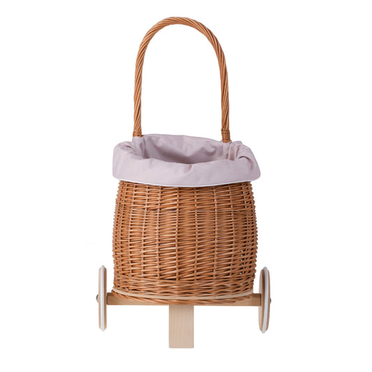 Luke wiklinowy wózek dla dzieci z różowym obszyciem, z rączką i drewnianymi kołami TheWickerStories