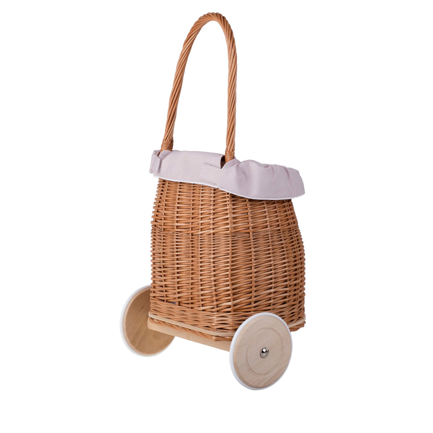 Luke wiklinowy wózek dla dzieci z różowym obszyciem, z rączką i drewnianymi kołami TheWickerStories