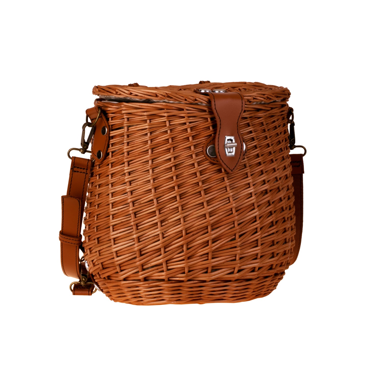 Scout wiklinowy plecak z beżowym obszyciem i skórzanymi paskami TheWickerStories