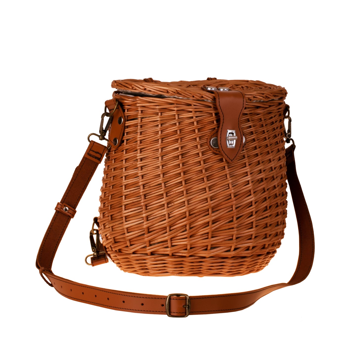 Scout wiklinowy plecak z beżowym obszyciem i skórzanymi paskami TheWickerStories