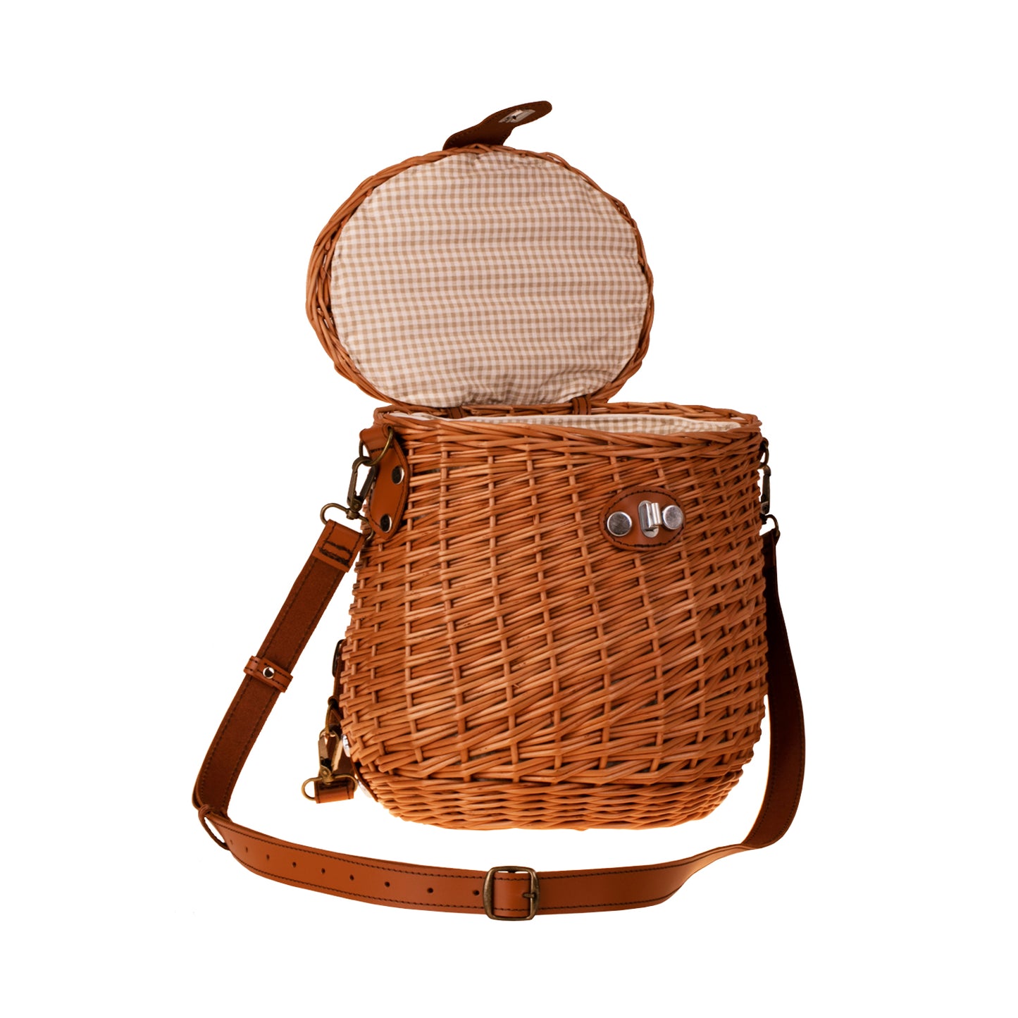 Scout wiklinowy plecak z beżowym obszyciem i skórzanymi paskami TheWickerStories