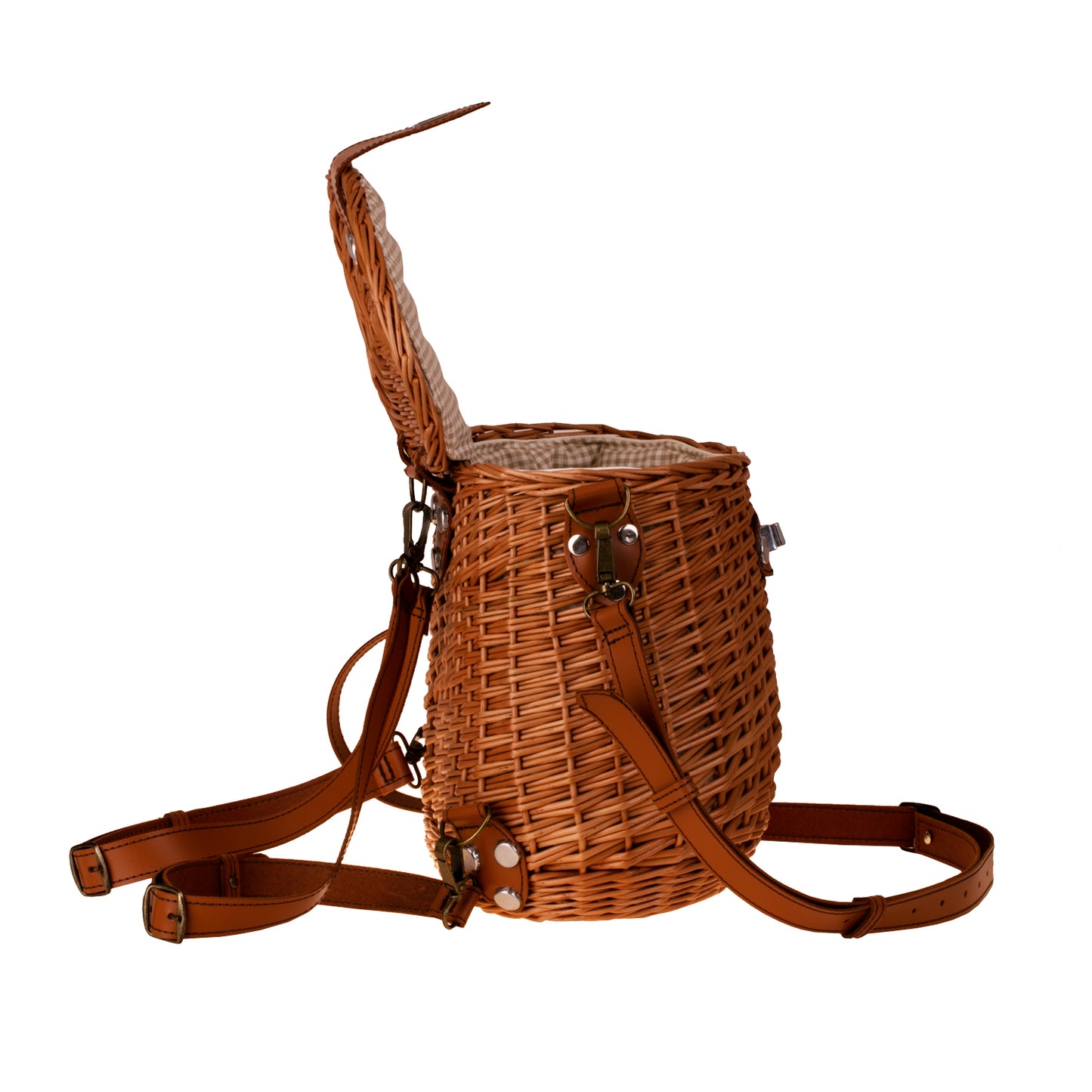 Scout wiklinowy plecak z beżowym obszyciem i skórzanymi paskami TheWickerStories